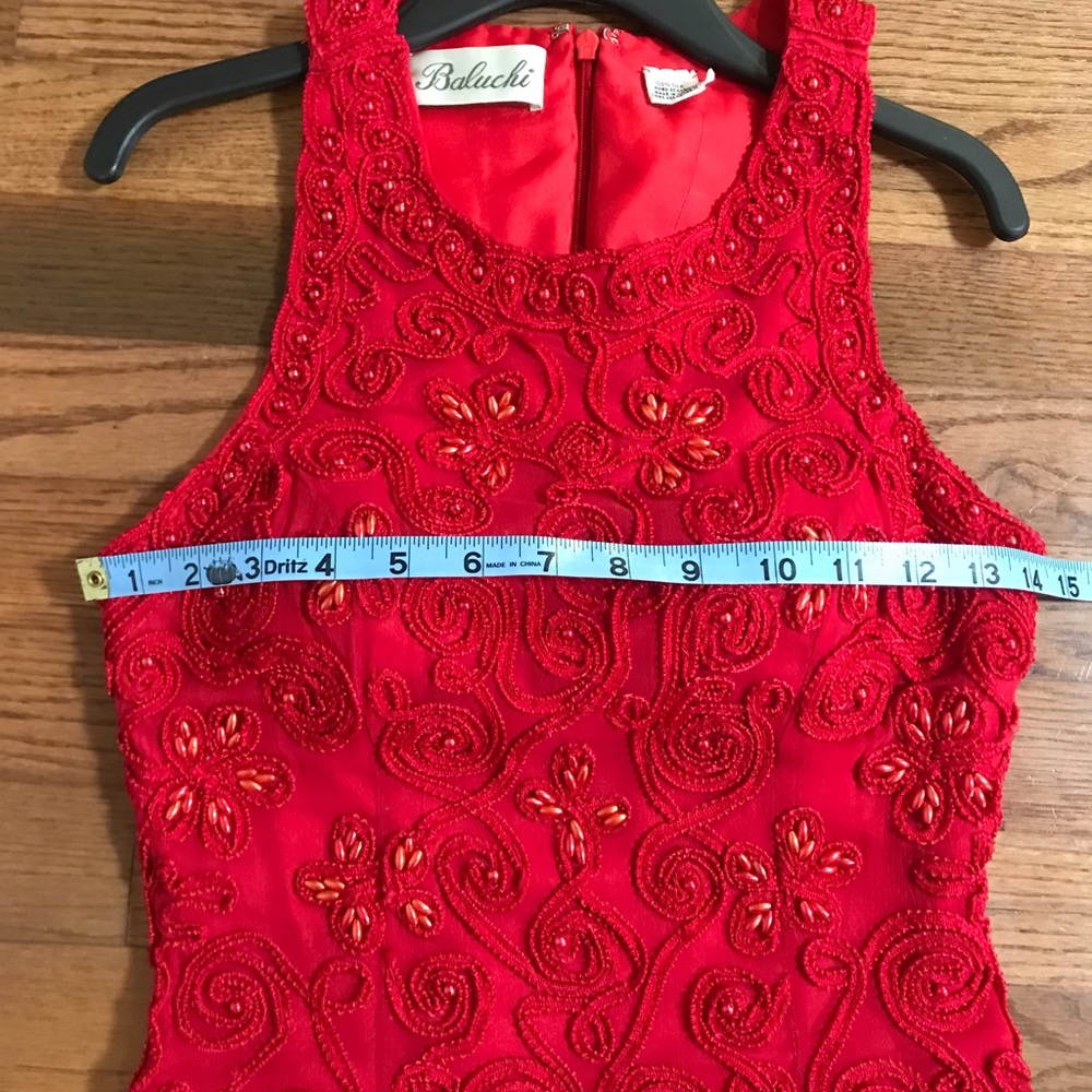 Red 100% silk, hand beaded, long formal modest dress by Baluchi; size 2. - Picture 5 of 15